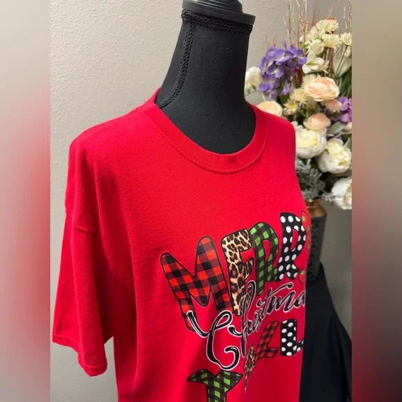 Port & Company Trendy Red Merry Christmas Y'all T-Shirt Size Large - Picture 6 of 8
